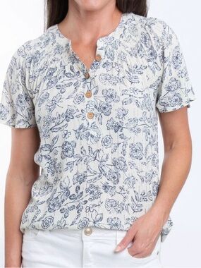 Women's Floral Button-Front Top in Cream and Blue